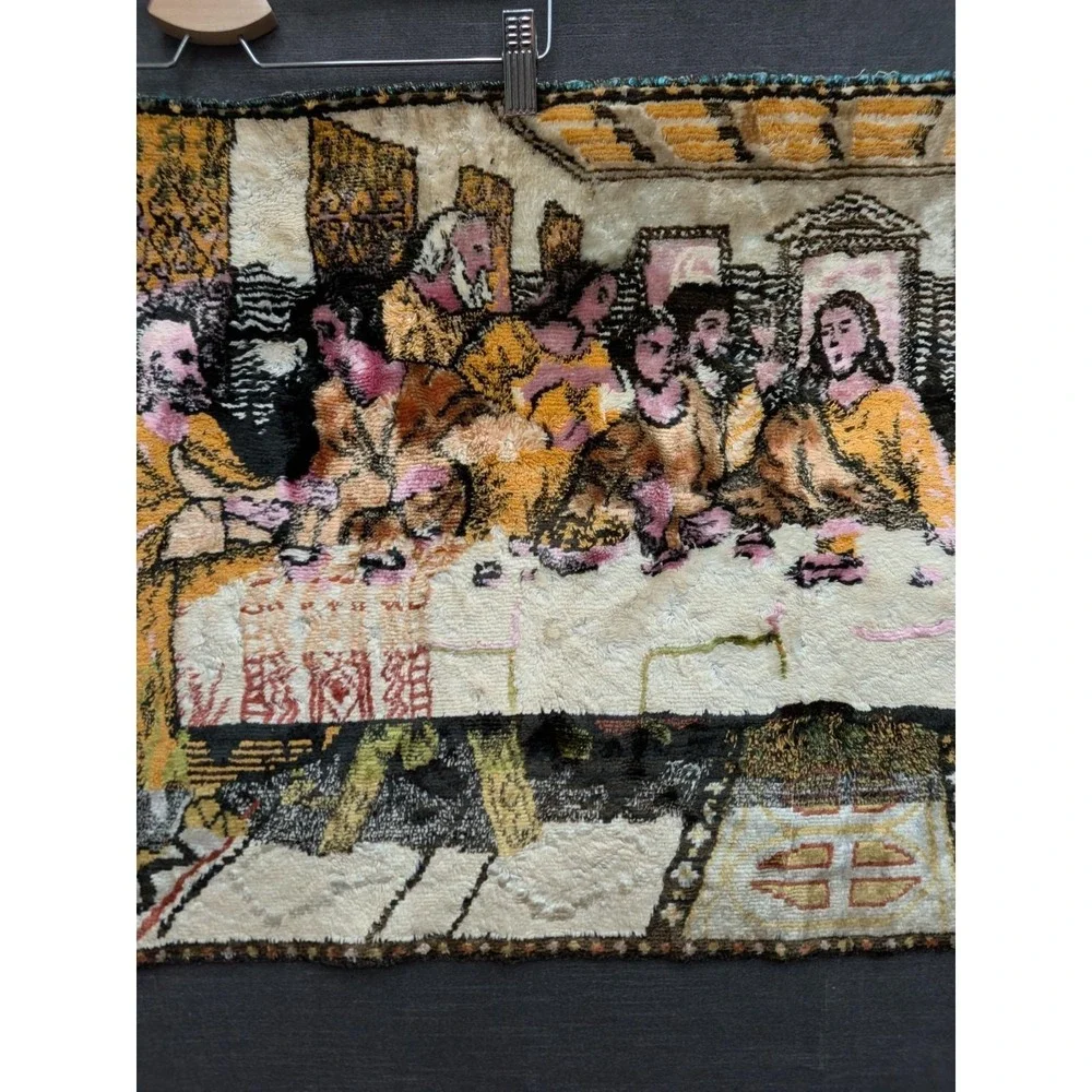 Vintage Jesus & The Last Supper Woven Tapestry Velvet Wall Rug Hanging 39